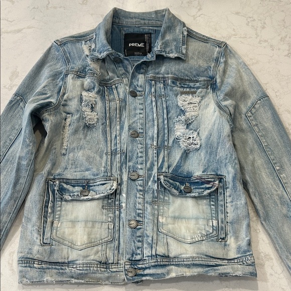 Preme Light Blue Distressed Whitewash Denim Jean Button Down Men’s Jacket Medium - Picture 9 of 16